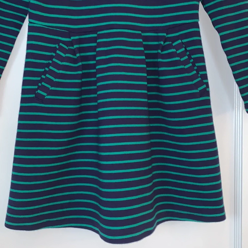 Gymboree Navy Blue & Green Striped Dress Long Sleeve Crew Neck Pockets 7/8 EUC